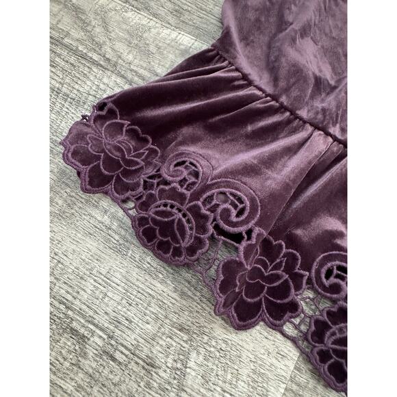 Express Velvet Crew Neck Lace Embroidered Peplum Top Size Medium Merlot $78 - Picture 4 of 11